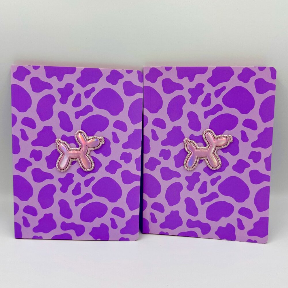2 Purple Leopard Journals/Notebooks With Raised Puffy Balloon Dog